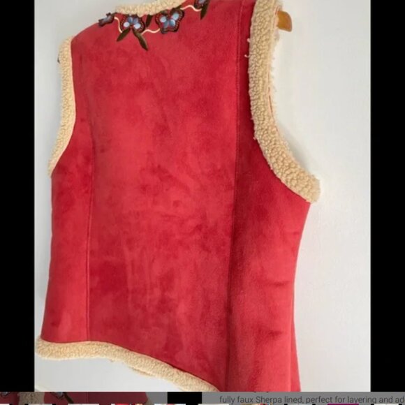 ABBA! Vintage Sherpa Lined Vegan Suede Boho Vest with Floral Embroidery - Size S - Picture 6 of 9